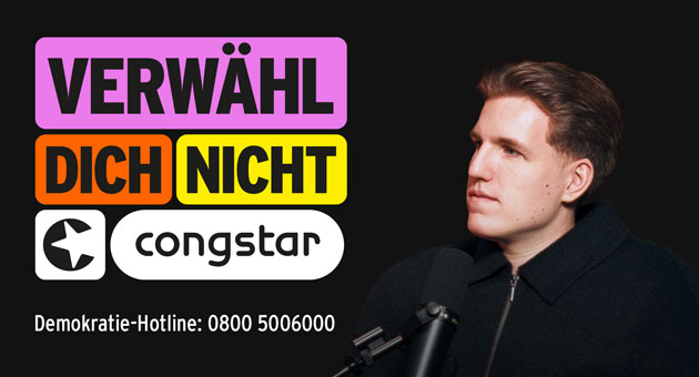 Congstar startet Hotline "Verwähl dich nicht" gegen politische Desinformation - Demokratie-Hotline "Verwähl dich nicht": Congstar und Polit-Creator Marcant bieten eine Anlaufstelle gegen politische Desinformation und für Orientierung im Wahlkontext – Quelle: Congstar
