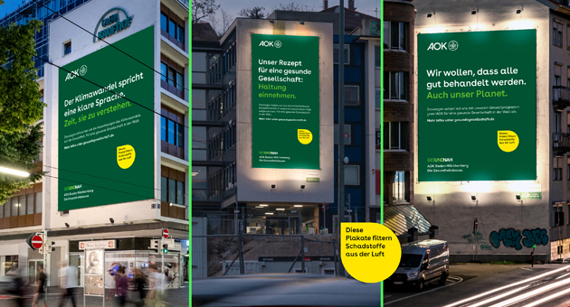 KNSK konzipiert CSR-Hub für AOK Baden-Württemberg - Die Plakatflächen sind Kommunikation und Umweltschutzmaßnahme in einem, denn mithilfe des Materials theBreath filtern sie Schadstoffe aus der Luft - Foto: KNSK