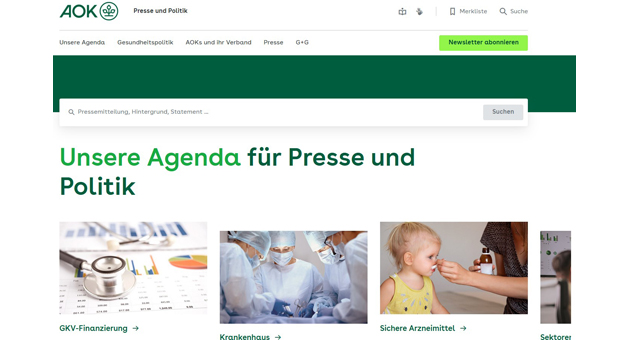 AOK launcht Informationsportal - Das neue Portal vom AOK-Bundesverband beinhaltet gesundheitspolitischen Inhalte und Positionen von allen AOKs hierzulande – Foto: Screenshot