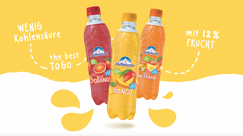 Hajok Design verpasst Adelholzener Mineralwasser Plus Einweg-Range ein neues Gewand - Die drei Adelholzener Mineralwasser Plus-Sorten Mango, Multivitamin und Blutorange erscheinen in einem neuen Look (Foto: Hajok Design)