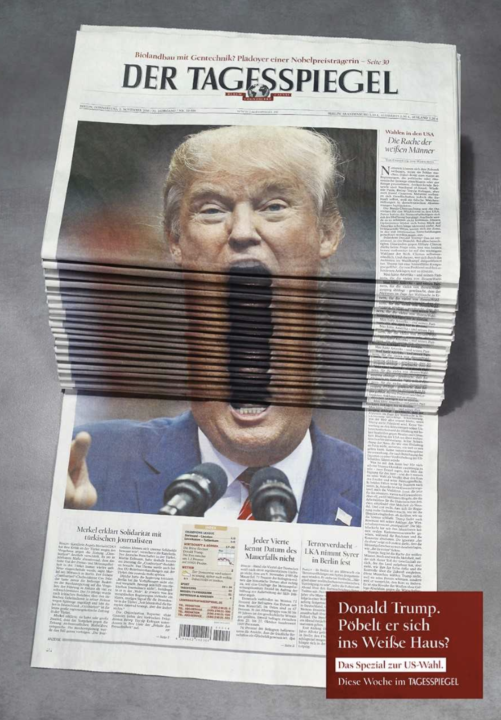 Eurobest: Grand Prix für Scholz & Friends und Jung von Matt - War der Eurobest-Jury einen Grand Prix wert: Scholz & Friends´ Trump-Idee für den Tagesspiegel (Bild: Scholz & Friends)