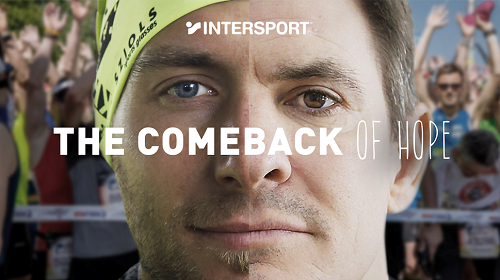 Ein Split-Screen von Ultrarunner Moritz auf der Heide und dem Querschnittsgelhmten Michael Wiese bildet das Keyvisual der Intersport-Kampagne 'The Comeback of Hope' (Foto: JvM/Sports)
