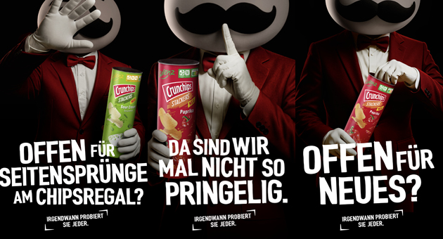 Lorenz setzt auf Challenger-Strategie im Stapelchips-Markt - Die Hauptfigur der neuen Crunchips-Kampagne erinnert stark an die Werbefigur des Mitbewerbers Pringles – Bilder: Lorenz