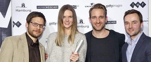 Jung von Matt und tempomedia räumen beim Deutschen Werbefilmpreis 2016 ab - Die DWP Gewinner 2016 (v.l.): Christian Möhler (Jung von Matt), Annika Burchert (Jung von Matt), Jens Pfau (Jung von Matt), Justin Mundhenke (tempomedia) (Foto: DWP)