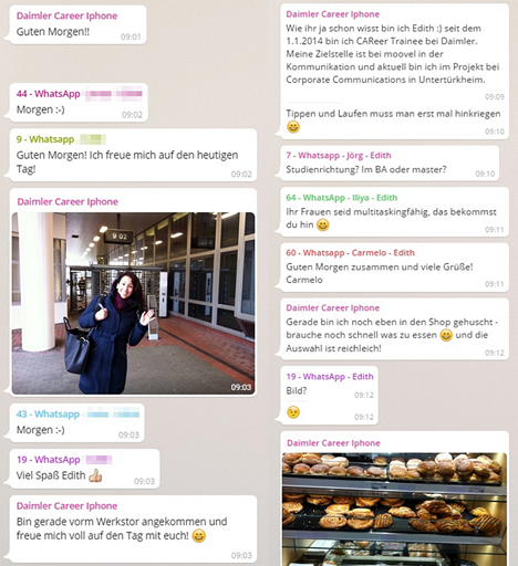 Daimler etabliert WhatsApp als dauerhaften Kommunikationskanal - Screenshot des 'WhatsApp Bewerberdialog'-Pilotprojekts der Daimler AG (Abb.: Daimler)