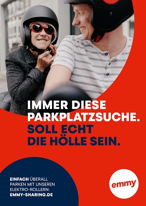 Drehmoment schwingt sich für Emmy auf Elektro-Roller - Mit Emmy überall parken - so wirbt die Agentur Drehmoment für das Rollersharing-Angebot (Foto: Drehmoment)