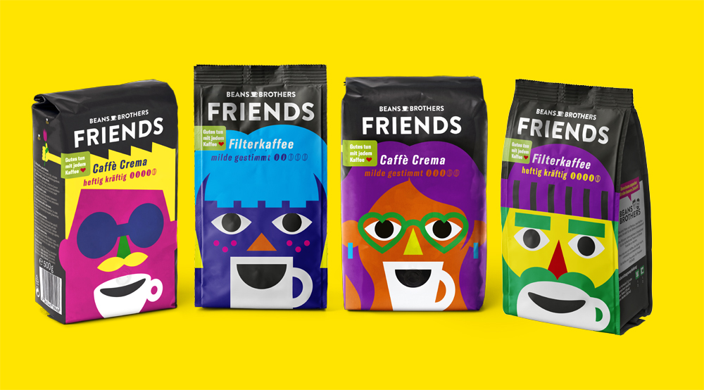 Tchibo startet die neue Kaffee-Marke FRIENDS - Das auffällige Design der vier neuen Kaffee-Sorten von Tchibo hat die Hamburger Kreativ-Agentur Rocket & Wink kreiert – Abb. Rocket & Wink