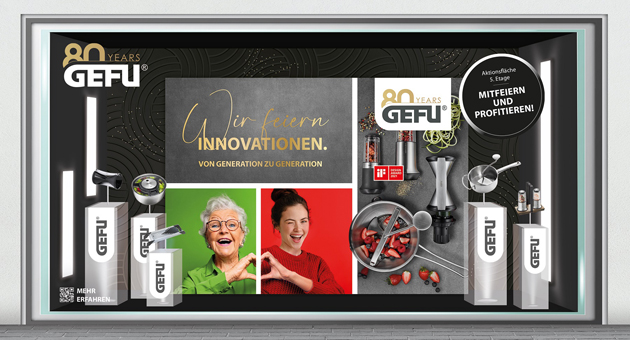 GEFU Küchengeräte mit neuem Markenauftritt - Aha! entwickelte zum 80. Firmenjubiläum für GEFA u.a. ein neues Schaufenster-Konzept - Foto: aha!