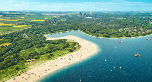 Indeland vergibt Kommunikation für Nachhaltigkeitsprojekt im Rheinischen Revier - Visualisierung des künftigen Indesees mit dem geplanten RevierStrand Süd – Foto: Indeland / HHVision