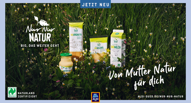 Aldi Süd launcht Bio-Marke Nur Nur Natur - Seit dem 5. Juni 2023 ist die neue Marke Nur Nur Natur in den Regalen von Aldi Süd Filialen zu finden - Foto: Aldi Süd