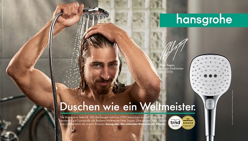 hansgrohe und Kolle Rebbe 'duschen wie Weltmeister' - Bei der hansgrohe-Kampagne fungiert der amtierende UCI2 Straßenradrenn-Weltmeister Peter Sagan als Testimonial (Foto: hansgrohe)