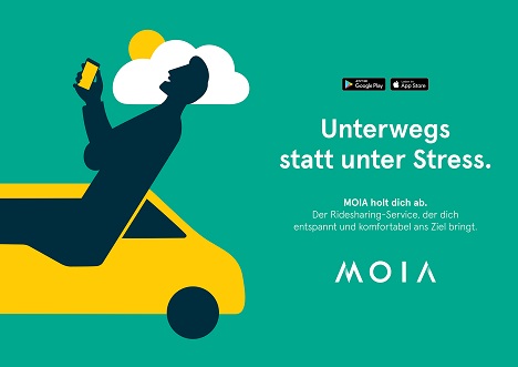 Unterwegs ohne Stress: Der Ridesharing-Service MOIA wirbt in seiner Einfhrungskampagne mit den Vorteilen des Angebots (Foto: MOIA / PUK)