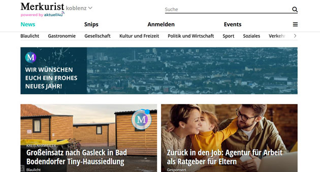 Regionale News-Portale Aktuell4u und Merkurist fusionieren - Wie die Website zeigt, ist Merkurist Koblenz "powered by aktuell4u" - Screenshot: Merkurist.de