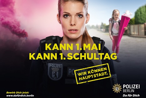 Auf den Plakatmotiven der Berliner Polizei sind Portrts echter Polizisten und Polizistinnen zu sehen; Foto: Polizei Berlin / glow