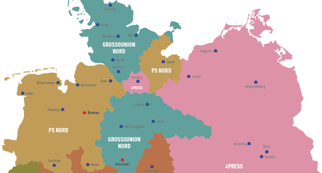 Grosso-Reform: Presseservice Nord und 4Press rücken weiter zusammen - Grosso-Gebiete im Norden: 4Press und Presseservice Nord teilen die Liefergebiete neu auf (Karte Stand 2025) - Abb.: Presse Fachverlag