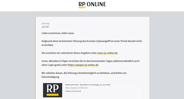 Infolge des Cyber-Angriffs ist das Web-Angebot der RP nicht in gewohnter Form erreichbar - Abb.: Screenshot