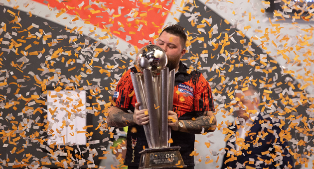 Sport 1 punktet auch mit dem Darts-WM-Finale - Mit dem Finalsieg des Niederländers Michael van Gerwen bei Darts-WM 2023 in London erzielte Sport 1 Rekord-Marktanteile Foto: Sport 1/Imago