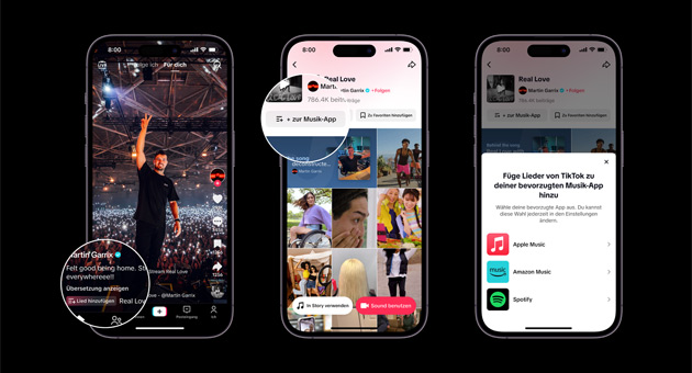 Tiktok bietet neue Funktion in weiteren Ländern an - Mit der Funktion „+ zur Musik-App“ können Nutzer:innen auf Tiktok entdeckte Songs auf Spotify und Amazon Music in voller Länge hören – Foto: Tiktok