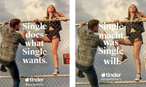 Tinder startet nun auch in Deutschland die Kampagne '#SwipeLife' (l.) - hierzulande luft sie unter dem Claim '#SingleNotSorry' (Fotos: Wieden + Kennedy,Tinder)