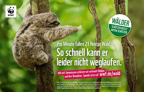 Die neue WWF Artenschutz-Kampagne  mit einem Faultier - Abb.: Track