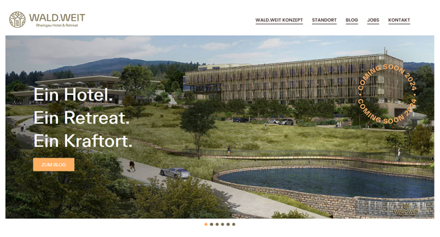 Balleywasl/Unstk entwickelte eine Pre-Opening Website inklusive Blog, die als zentraler Content-Hub bis zur endgltigen Hotel-Website von Wald.Weit Rheingau Hotel & Retreat die Bauphase begleiten - Foto: Screenshot