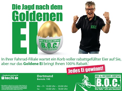 VSF&P schwingt sich bei B.O.C. auf den Sattel - BVB-Stadionsprecher Norbert Dickel konnte als Testimonial für 'Die Jagd nach dem goldenen Ei' gewonnen werden (Foto: VSF&P)