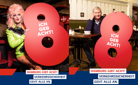 gürtlerbachmann sorgt für Verkehrssicherheit in Hamburg - Bekannte Hamburger Persönlichkeiten wie Olivia Jones (l.) und Uli Wickert machen sich in der neuen Verkehrssicherheitskampagene für einen achtsamen Umgang stark (Foto: Stadt Hamburg / gürtlerbachmann)