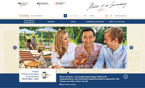 Stellt seit Sommer 2012 Informationen zum Arbeiten in Deutschland fr internationale Fachkrfte bereit (Foto: Screenshot)