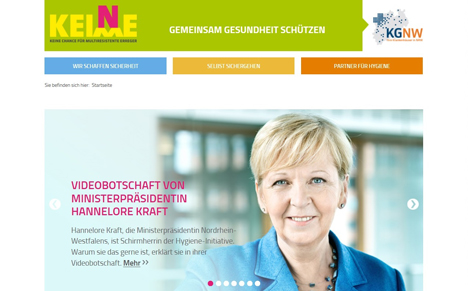 Kompaktmedien wird für die Krankenhausgesellschaft Nordrhein-Westfalen tätig - Schirmherrin der Aktion 'Keine Keime – Gemeinsam Gesundheit schützen' ist Ministerpräsidentin Hannelore Kraft (Foto: Screenshot/www.keine-keime.de)