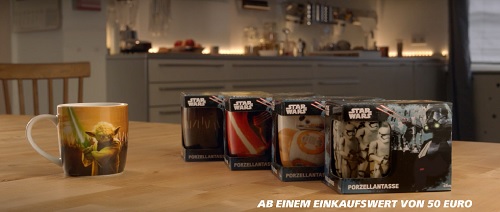 Die Real-Star Wars-Sammeltassen werden mit einer Social Media-Clip-Serie beworben (Foto: Screenshot YouTube/Real)