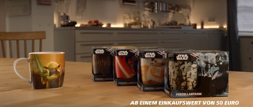 Real und 19:13 lassen mit Star Wars-Aktion die Tassen fliegen - Die Real-Star Wars-Sammeltassen werden mit einer Social Media-Clip-Serie beworben (Foto: Screenshot YouTube/Real)