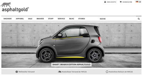 Auch im asphaltgold-Webshop steht der Smart im Mittelpunkt (Screenshot: asphaltgold.de) 