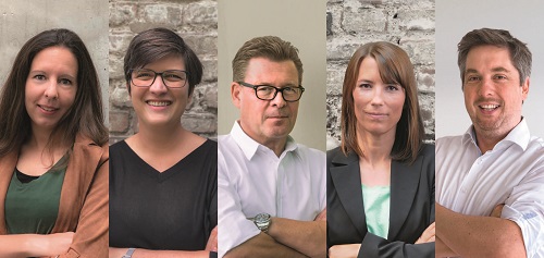 smartin advertisings neue Fhrungsriege besteht aus Nadine Bllesbach (Creative Director Art & Konzept),Carola Beck (Creative Director Text & Konzept), Martin Lindenthal(Chief Executive Officer), Dr. Isabelle Engelhardt (Chief Strategy Officer) und Marcel Dro (Chief Operating Officer) (v.l.). (Foto: smartin advertising)