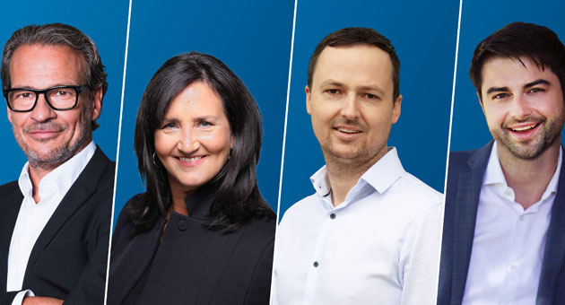 ANTENNE BAYERN baut Führung um - Haben neue Aufgaben bei ANTENNE BAYERN bekommen (v.l.): Ralf Zinnow, Bettina von Bentzel, Benni Kostal und Nick Lisson - Foto: Antenne Bayern Group
